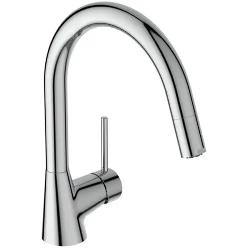Elegante, hochglanzverchromte Küchenarmatur mit geschwungenem Auslauf und seitlichem Hebel zur Wasserregulierung.